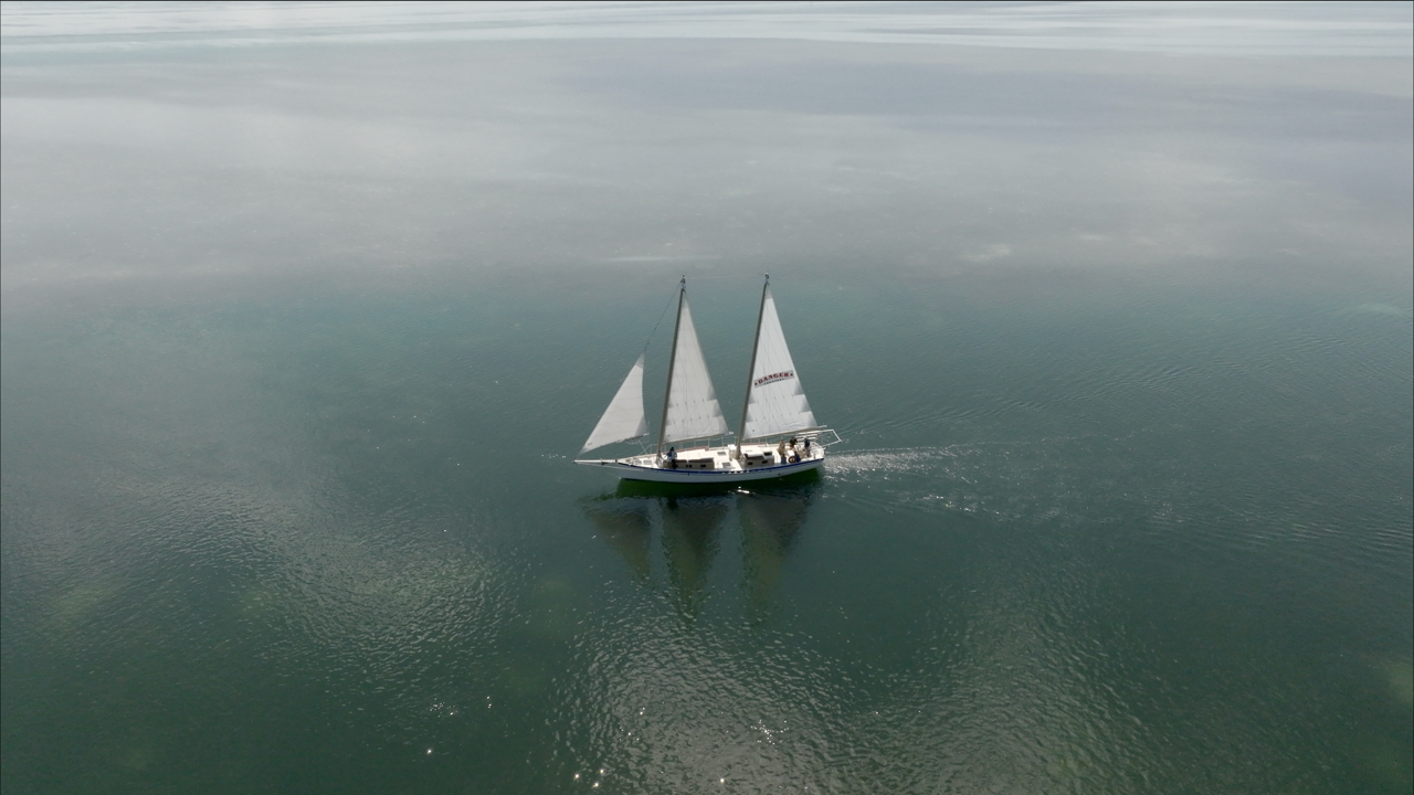 A charter sailboat on the water