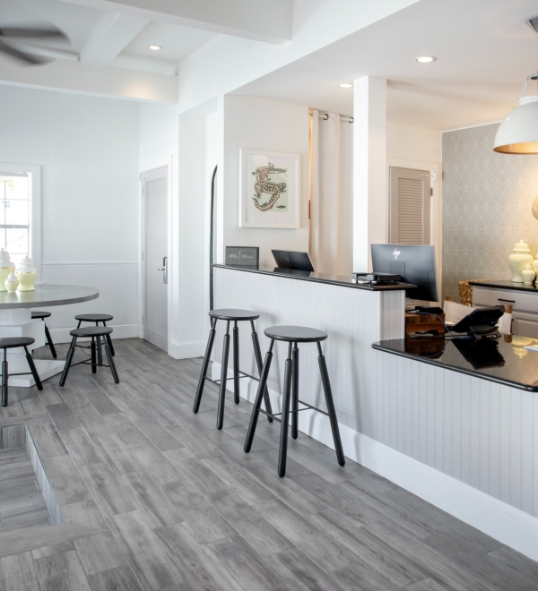 the lobby of Fitch Lodge with a kitchen area